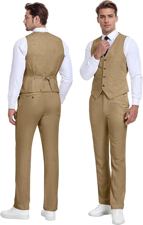 Retro Linen Mens Suits Beach Wedding Suit Summer Slim Fit 3 Pieces Light Weight Linen Jacket Vest Pant Tuxedo4
