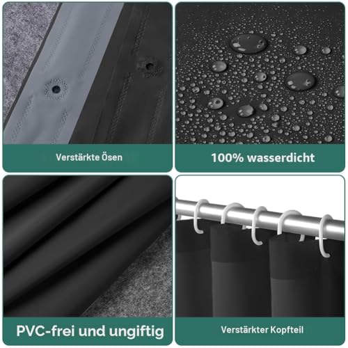 URAQT Duschvorhang, Anti-schimmel Wasserdicht Schnelltrocknend Duschvorhänge, Waschbar PEVA Shower Curtains 180x180 cm mit 12 Duschvorhangringen, Badewanne Shower Curtain (Schwarz)