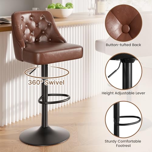 Juego de 3 Butacos Ajustables para Barra con Respaldo, Asiento Giratorio Tapizado en Cuero Sintético, Estilo Retro para Isla de Cocina, Marrón Oscuro miniatura 4