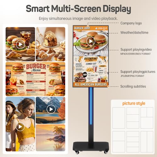 Image of 32 Inch Digital Signage Display on Wheels, Portable LCD Touch Digital Kiosk with Adjustable Rolling Stand, Phone App Control Android 14 Advertising Display Poster,HDMI /USB (Non-TouchKiosk)