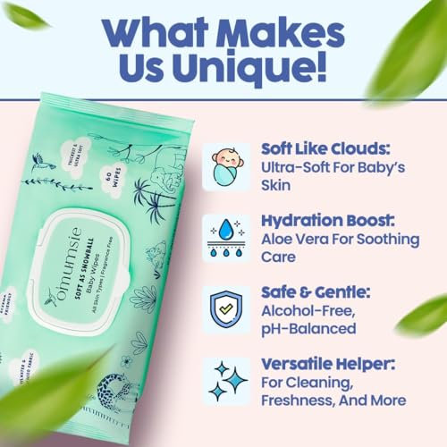 Image of Omumsie 99% Pure Water (Unscented) Baby Wipes | Made With Thickest Plant Based Cotton Fibers | 60 pcs per pack (1 count (Pack of 7) /, 7, count)