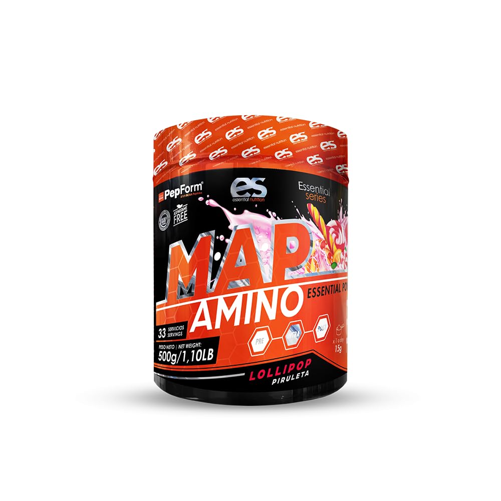 MAP AMINO ESSENTIAL 350-500 gr sabor PIRULETA, COLA, NARANJA Y MELOCOTÓN - Aminoácidos esenciales con BCAA, L-Leucina y L-Triptófano - Incrementa recuperación muscular (500gr, piruleta)