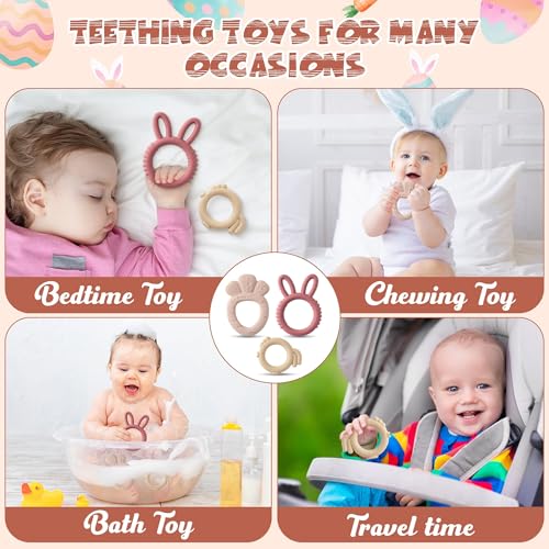 Image of Easter Silicone Teethers for Babies - 2ooya 2Pcs Bunny Chick Carrot Infant Teething Chew Toys, Toddler Sore Gums Pain Relief Toy for Newborn Boy and Girl Spring Easter Baby Shower Birthday Gifts