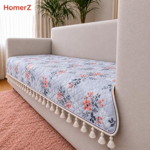 Image of Homerz Premium Printed Quilted Velvet Sofa Slip Cover Protector with Tassels, Sofa Mat, Exact Size, Antislip Cover (Grey Autumn, 5 (3+1+1) Seater, Half)