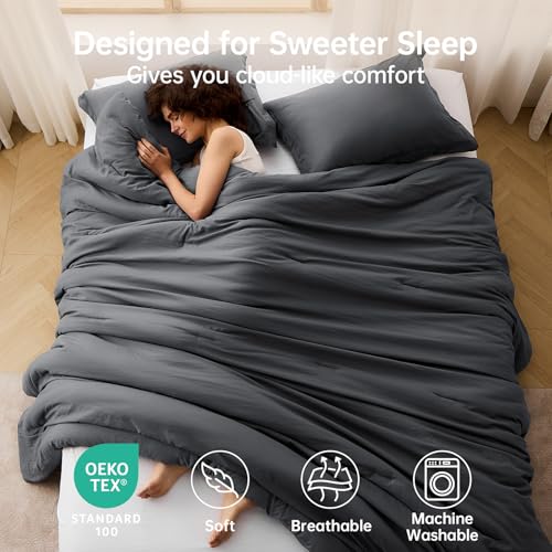 Image of MUXHOMO Oversized King Comforter Set, Lightweight Down Alternative Bed Set | All Season 3 Piece Bedding Set,Ultra Soft Down Alternative,Includes 1 Comforter 120x98 and 2 Pillow Shams 20x36,Dark Grey