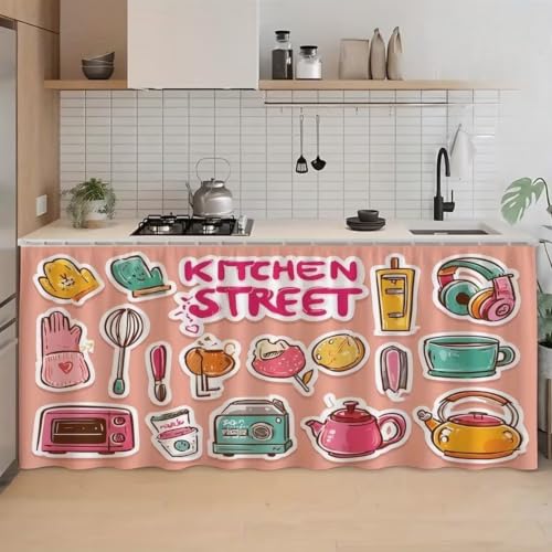Image of Premium Printed Kitchen Sink Curtain | Washable & Dustproof Rod Pocket Counter Skirt | Perfect For Any Sink | Multicolor Cooking Theme Decor for Home & Kitchen(150cm X 70cm) (Kitchen Street)