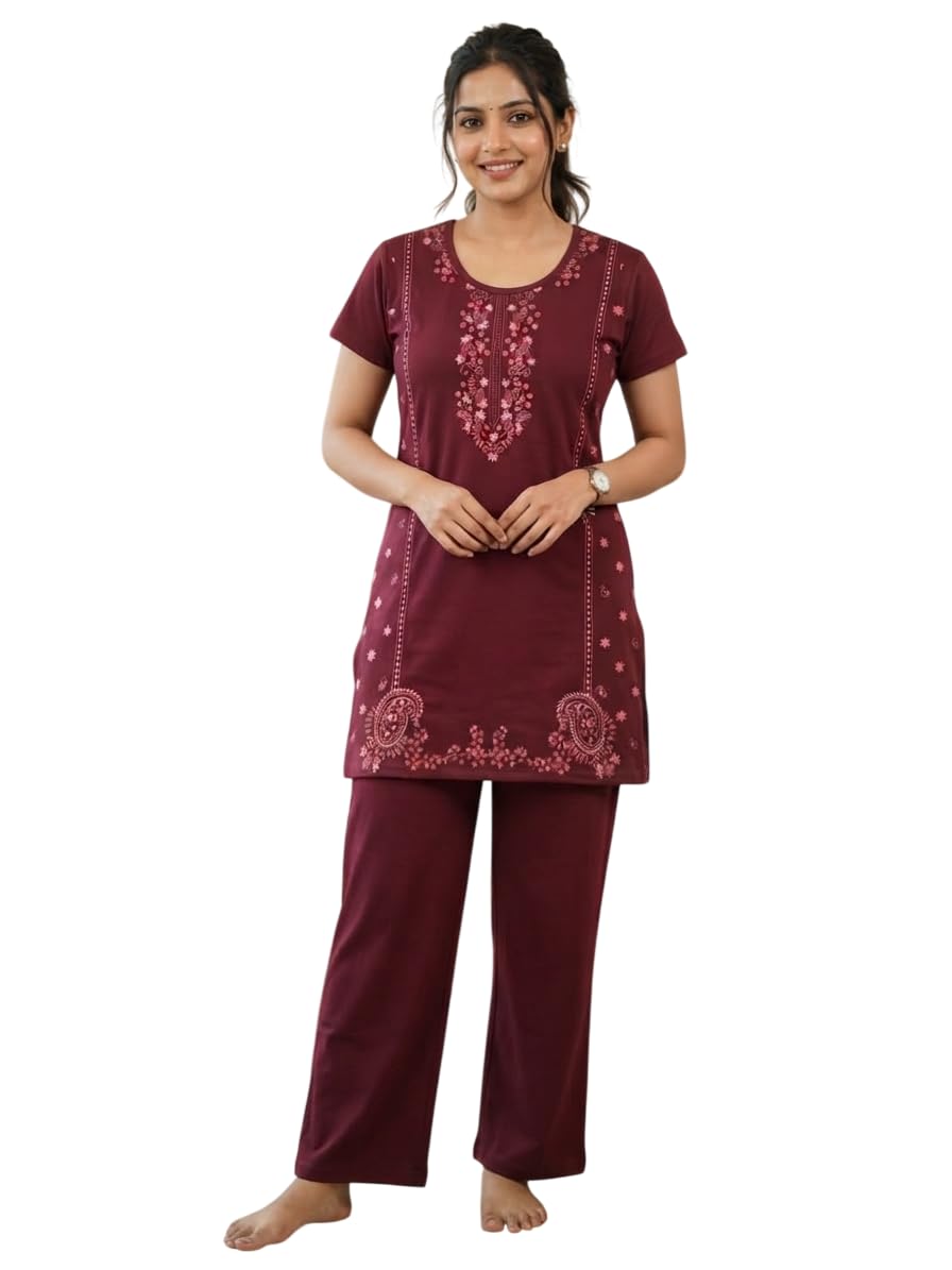 lady's zone Women's Cotton Blend Printed Half Sleeves Round Neck Wine Nightsuit | Top And Bottom Set | Soft And Comfortable-picture-51