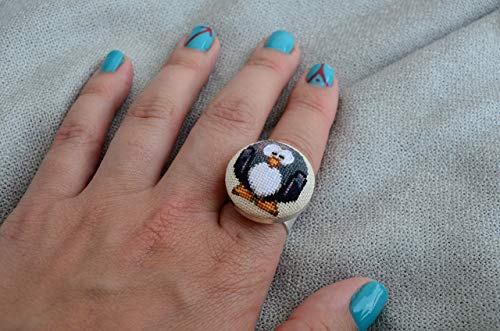 Handmade Embroidered Ring With Penguin #TOP4