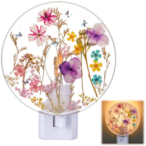 Image of Glooglitter Pressed Flower Night Light Plug in-Handmade Dried Floral Wall Night Light, Glow Decorative Nightlight for Hallway Bedroom Nursery Bathroom, Vintage Botanical (Purple, Wildflowers)