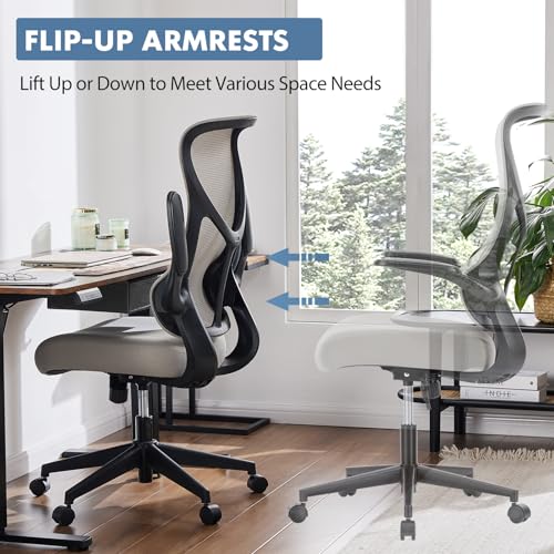 Image of DUMOS Office Managerial Executive Chair with Ergonomic Design, High Back Mesh Computer Desk Task Chair with Flip-up Armrests, Swivel Adjustable Height with Wheels, Comfy Lumbar Support, Gery