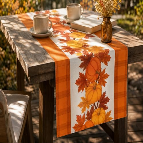 72X13 in Harvest Themed Fall Table Runner, Pumpkin Plaid Table Runner Gifts - image 1