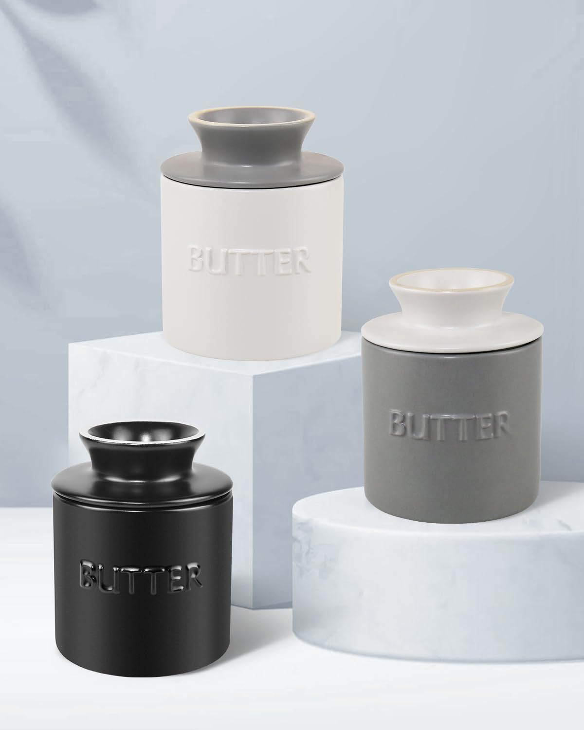 Beurrier avec Couvercle, Beurrier Français en Céramique, avec Ligne d'eau, Pour Beurre Doux (Noir)