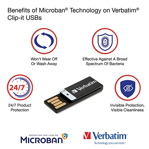 Verbatim 16Gb Clip-It Usb 2.0 Flash Drive Cap-Less Thumb Drive With Microban Antimicrobial Product Protection Resistant To Water, Dust, And Static Discharge - Black 43951 #TOP3
