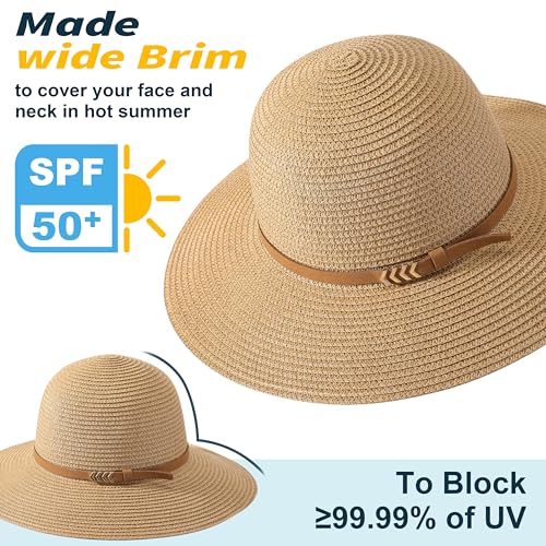 Image of Beach Sun Straw Hats for Women, UPF 50+ UV Sun Protection Wide Brim Summer Straw Hat Foldable Packable Roll up Cap