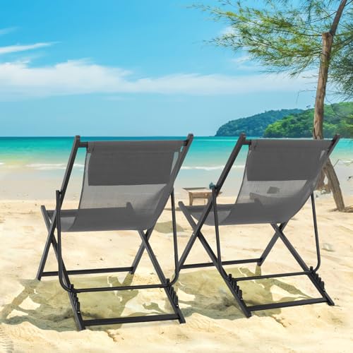 Menkxi 2 Pcs Patio Sling Chairs Outdoor Folding Poolside Chair with Pillow Adjustable 5 Levels Reclining Chairs Portable Beach Chairs Waterproof Breathable Mesh Aluminum Frame for Deck (Grey) - Thumbnail 7