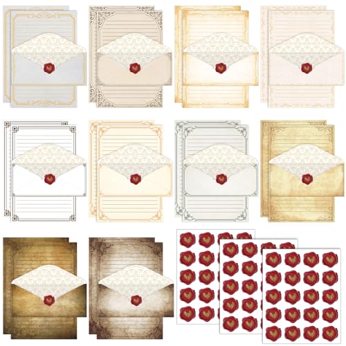Image of TaoBary 160 Pcs Stationery Paper Set 50 Double Sided Stationery Papers with 50 Matching Envelopes and 60 Round Dot Sticker, 10 Design(Retro,8.5 x 11 Inch)