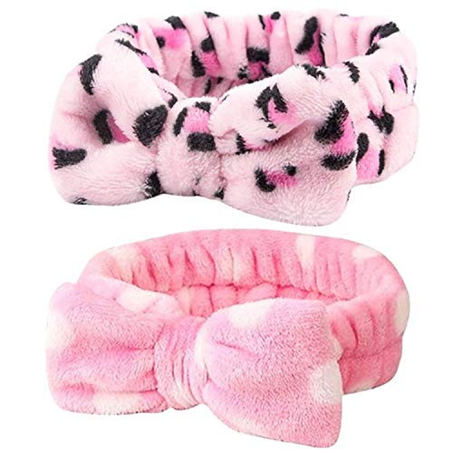 StudentsZone Fashion Headbands for Women, Cute Bow Headband for Spa, Makeup or Washing Face, No Slip Head Bands for Girls ( 1 * Pink Polka Dot + 1* Pink Leopard )