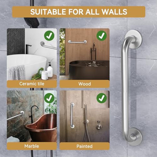 Image of AmazerBath Shower Grab Bars for Seniors Anti Slip, Bath Safety Grab Bar for Needy, Stainless Steel Bathroom Safety Grab Bars, Thickened Bar Bigger Base Holds 500LBS, 16 inch L x 1 inch D, Brushed Nickel