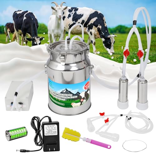 2-in-1 Upgrade 2.6Gal/10L Portable Electric Milker Milking Machine for Cows and Goats with Food-Grade Stainless Steel Bucket 4 Teat Cups and Pulsation Vacuum System for Farm Ranch and Home Dairy Use