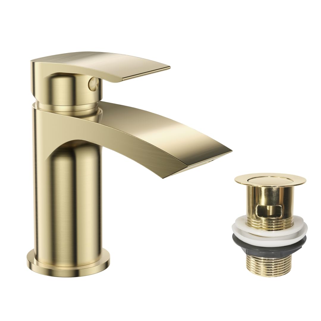 VeeBath Cascade Mono Basin Mixer Tap – Rounded Edge Design, Brushed Brass Finish, G1/2" Inlet with Pop-Up Waste, Single Lever, Deck Mounted, Modern Bathroom Tap, Sink Mixer with 1 Hole