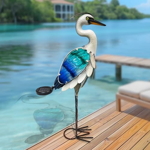 HONGLAND Solar Metal Crane Statue Garden Heron Sculpture, Glass Outdoor