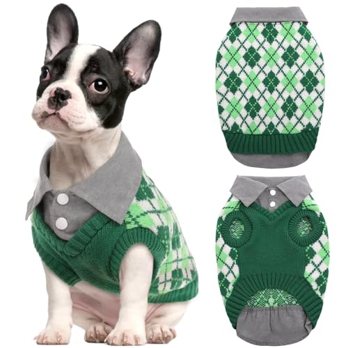 Kuoser Dog Sweater Plaid Dog Sweaters with Harness Hole, Polo Design Puppy Knitwear Fall Winter Sweater for Large Dogs, Pet Cold Weather Clothes Warm Doggie Pullover Sweatshirt, Green XL Gre