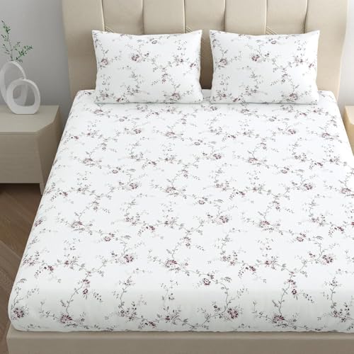 Image of LINENWALAS 100% Cotton Bed Sheet for King Size Bed, Floral Printed King Bedsheet with 2 Pillow Covers | 210 TC Soft, Breathable, Luxury Bedsheet (Vineyard, 108 x 108 Inches), White
