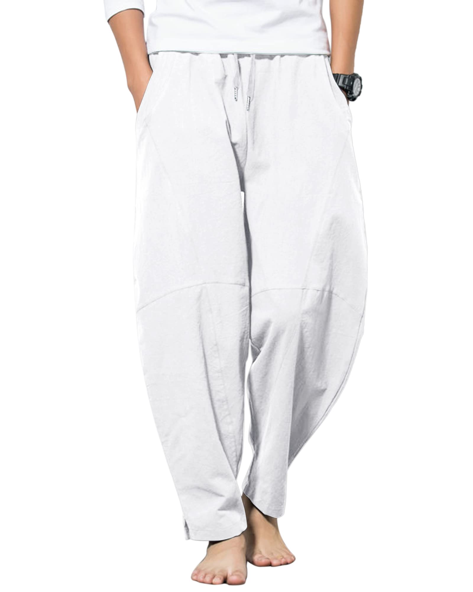 Herren Leinen Baumwoll Hose, Elastischer Bund mit Kordelzug, Weite Haremshose Yogahose für Freizeit Strand Sommer