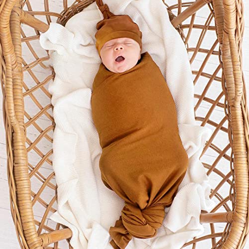 Ievolve Cotton Knitted Baby Swaddle Blanket With Hat Headband Set Newborn Swaddle Wrap Receiving Blankets For Baby Girl Boy 35" X 35"(Olivergreen) #TOP6