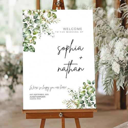 Personalized Greenery Wedding Welcome Sign, Custom Modern Welcome To Our Wedding Signs for Ceremony Entrance, Wedding Reception Decorations, Elegant Decor Style