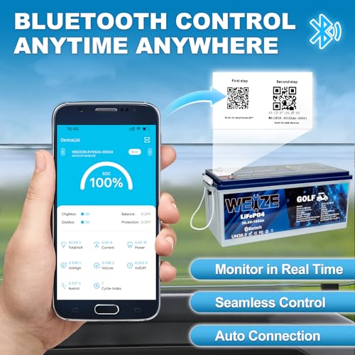 Image of WEIZE 36V(38.4V) 105AH Golf Cart Bluetooth LiFePO4 Battery (Replace 6x6V GC2) with 25A Lithium Batteries Charger, LCD Display, Grade A Cells, 200A BMS, Low-Temp Protection for Golf Carts, FCC listed