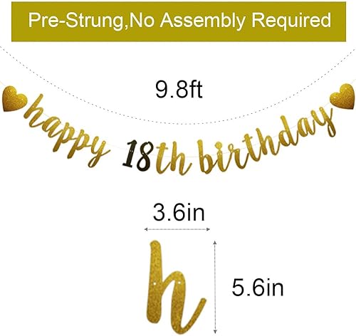 Miniatura 2 de Betteryanzi - Cartel de feliz cumpleaños 18, pre-encordado, guirnaldas de papel con purpurina dorada y negra para suministros de decoración de