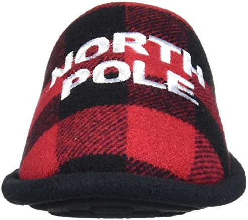 Dearfoams unisex-adult Holiday Funny Character Ugly Sweater Scuff Slipper, Straight Outta north pole Red Plaid, 6 Women/ 4 Men M US | Image 1