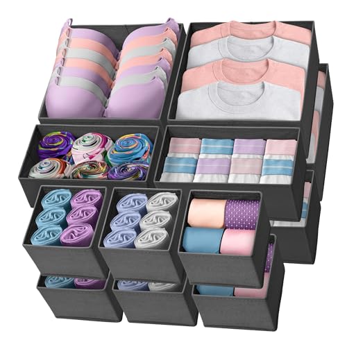 Reli. Drawer Organizers Clothes 14 Pack | Foldable Dresser Drawer Organizer | Fabric Drawer Dividers, Gray Dresser Drawer Organizers, Foldable Closet Storage Bins, Socks, Underwear, Ties, Bras, Clothing