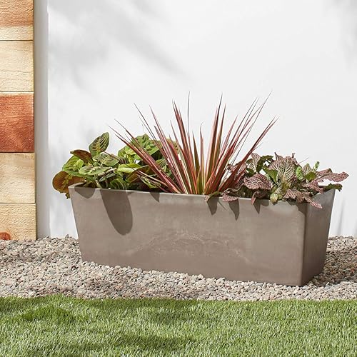 Image of Arcadia Garden Products U65TP Plastic /Stone /Wood Composite Simplicity Window Box, No Drainage Hole (Drillable), Wide Tapered Planter, Patio Plant Container, Indoor Outdoor Planter, 25.5 inch x 9, Taupe