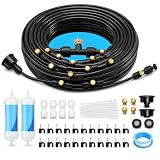 LIGBT 100FT Misting Cooling System for Outside Patio, 100FT (30M) Misting Line + 32 Brass Mist Nozzles + Water Filter, Outdoor Mister System for Garden, Greenhouse, Trampoline, Waterpark