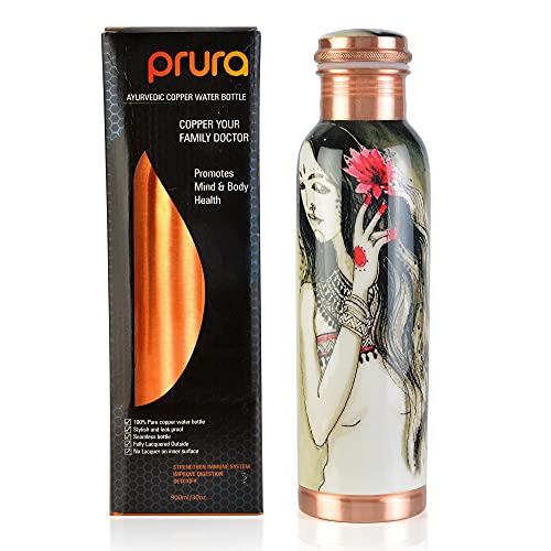 PRURA Pure Printed Copper Water Bottle - Leak Proof Ayurvedic Drinkware Copper Vessel for Sports, Gym, Outdoors, Yoga, Health Benefits, 900ml30oz
