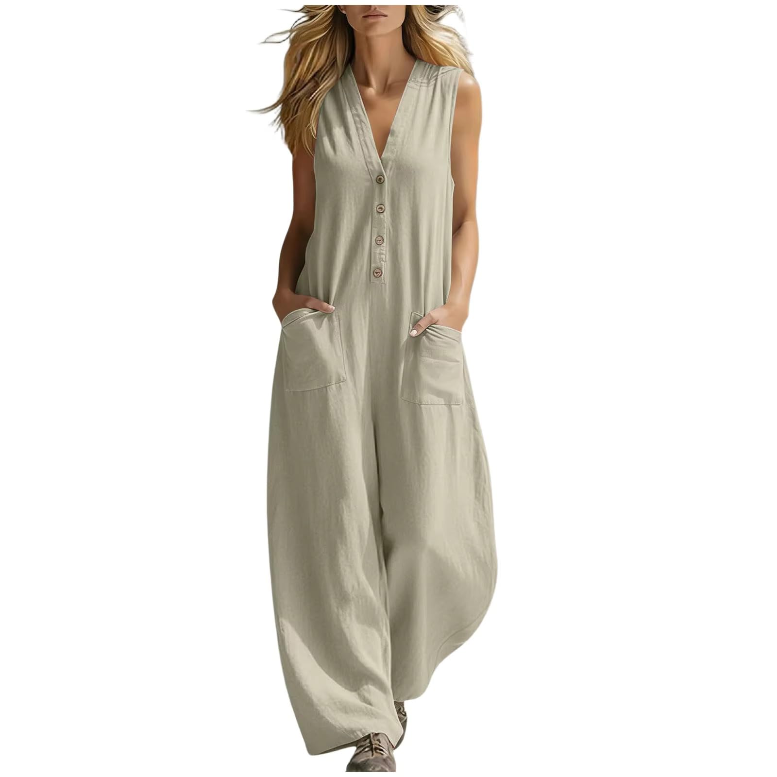 Mujeres Mono Sin Mangas con Escote en V y Botones, Pantalones