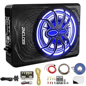 2025 Upgraded 10″ 1200W Slim Under Seat Powered Car Subwoofer, Car/Truck Audio Sub Built in Amplifier for outstanding Heat Dissipation, Powerful bass and Blue LED Ambient Light enjoy Audio Experience