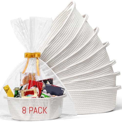 8 Pack Small Woven Basket with Gift Bags and Ribbons, All 12'x 8'x 5', Empty Decorative Gift Chest Box, Cute Baby Gift Basket for Nursery, Cotton Rope Room Shelf Storage Basket with Handles, White