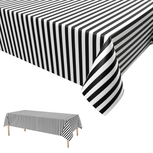 Dagelar Toalha de mesa branca e preta para festa, design de riscas brancas e pretas, toalhas de mesa de plástico, descartáveis, impermeáveis, decorações de festa para aniversário, piquenique, chá de