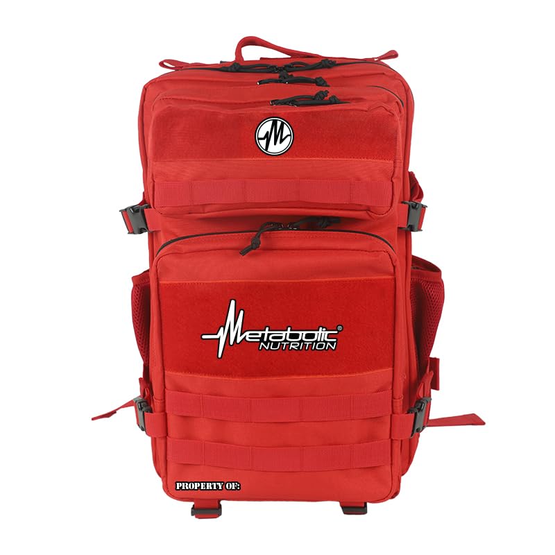 Metabolic Nutrition Weekend Warrior Tactical Bag in Fire Red Waterproof Oxford 900D Polyester 45L Camping, Hiking, Gym Backpack