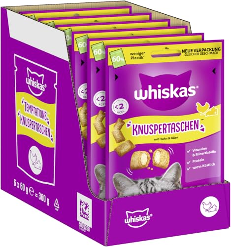 WHISKAS Knuspertaschen Katzensnacks Huhn & Käse 6 x 60g Snacks mit Huhn und Käse für Katzen