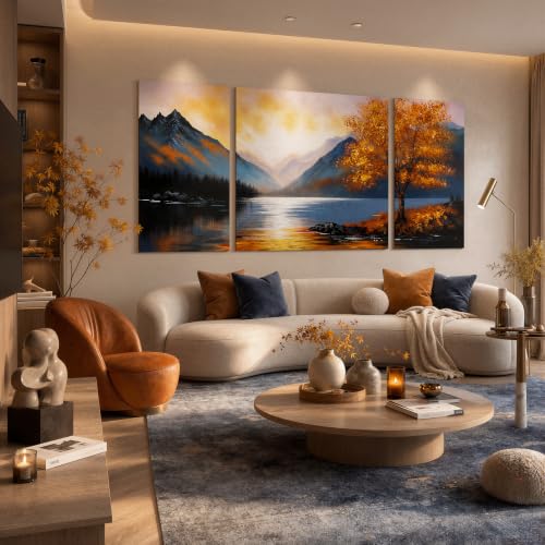 Ouzzlie Hand Painted 3Pcs Mountain Lake Wall Art Gold Art for Living Room