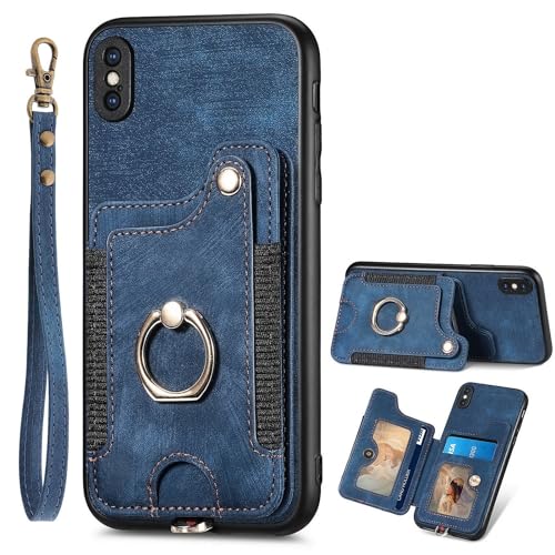 Coque rabattable iPhone X/XS étui portefeuille bleu antichoc avec rangement cartes