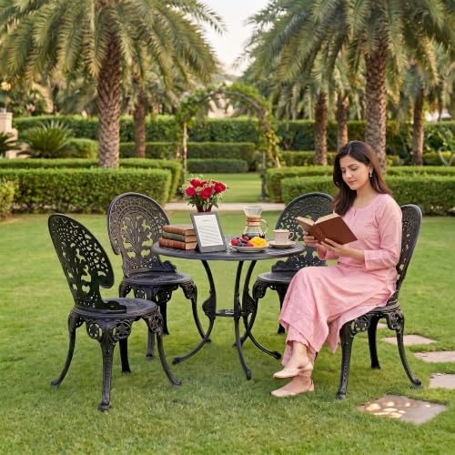 Image of BRISHI Cast Aluminium Garden Patio Seating Chair and Table Set for Balcony Outdoor Furniture with 1 Table and 4 Chair Set (Black)