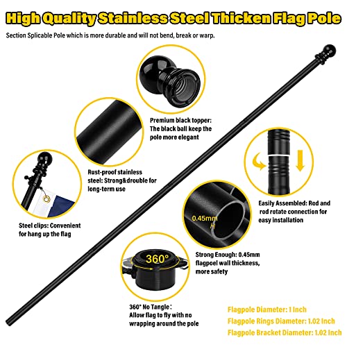 American Flag 3 X 5 Ft With Pole Kit, 6 Ft Black Tangle Free Flag Pole, Heavy Duty Us Flags For Outside,Holder Bracket,Durable Nylon Usa Flag With Luxury Embroidered Stars Sewn Stripes Brass Grommets #TOP3