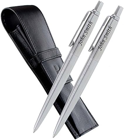 Laser Engraved Personalised Set 2 x Ballpoint Pens PARKER Jotter Silver and Genuine Leather Pen Case Pouch  with Your Text