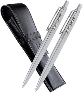 Laser Engraved Personalised Set 2 x Ballpoint Pens PARKER Jotter Silver and Genuine Leather Pen Case Pouch  with Your Text