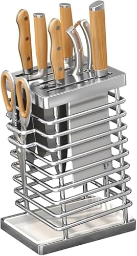KryZaroステンレス製多機能包丁立てセット 箸置き研ぎ棒はさみフルーツナイフ収納対応 水切りトレー付き 通気性高く耐久 キッチン収納用品 台所使用